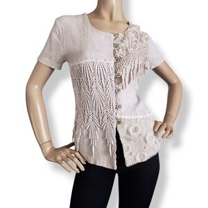 Vintage Cream Sand Lace Accent Women's Top By New Ruby Size Small